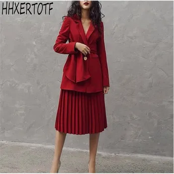 

spring autumn 2 Piece Set Women Long Sleeve Suit + Pleated Skirt Set 2 Piece Set