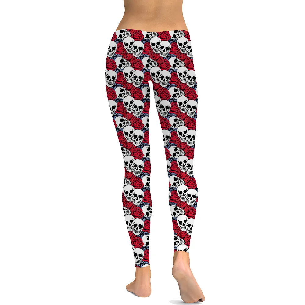 LEIMOLIS sexy gothic red rose skull black print push up leggings plus size women fitness workout punk high waist spandex leggins