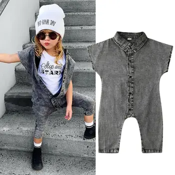 

2019 Denim Romper for cool Toddler Kids Baby Girl sleeveless grey Denim Romper Jumpsuits overall Long Pants Outfits Clothes 1-6T