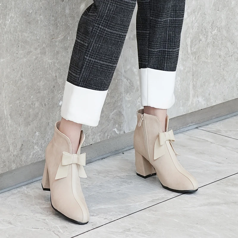 

Women Zipper Boots Fashion Patchwork Thick High Heels Bow Ankle Boots Comfortable Round Toe Autumn Winter ShoesBeige boots women