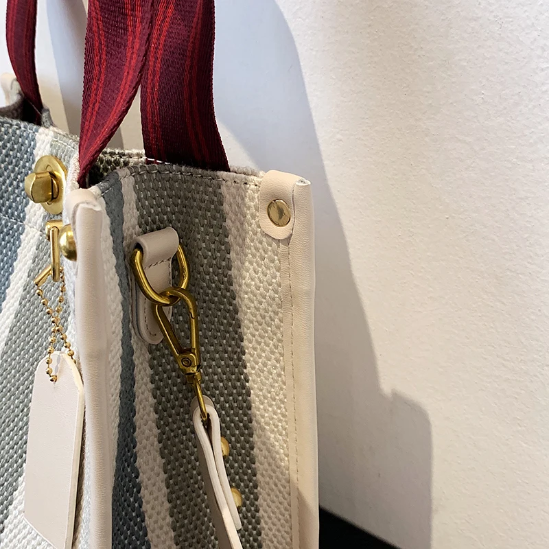 Large Tote Bag Casual Stripe Canvas Handbag For Women Wide Shoulder Strap Bag Female Trendy Texture Shoulder Commuter
