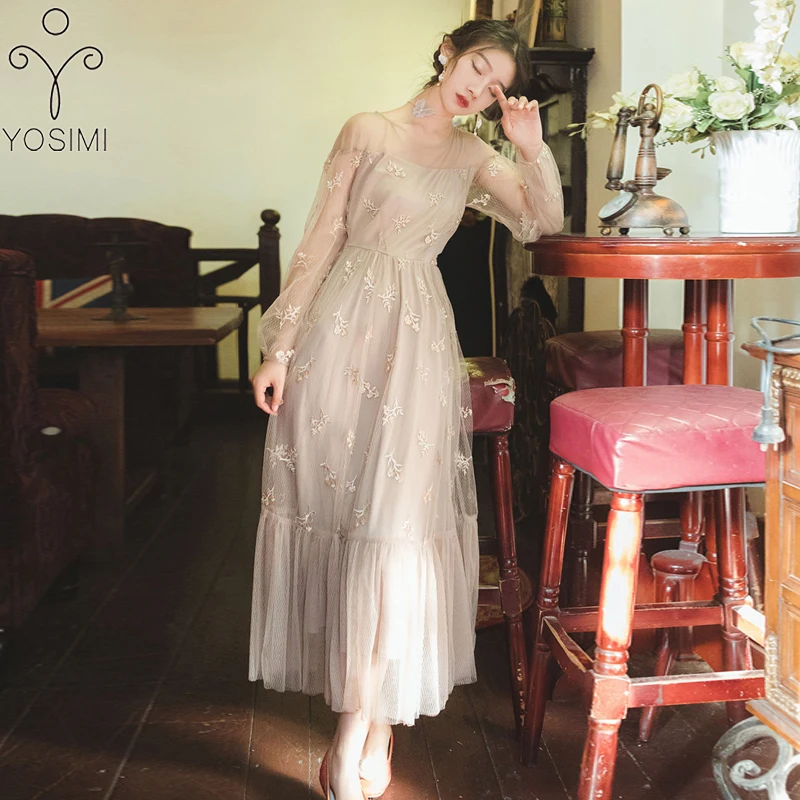 Женское длинное Сетчатое платье YOSIMI элегантное облегающее средней длины с