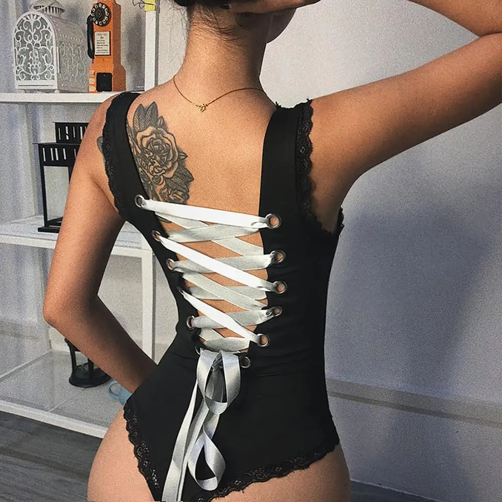 

2019 Black Lace Patchwork Women Jumpsuit Bodysuit Sexy Sleeveless Body Mujer Backless Bodycon Criss Cross Bandage Bodysuits N4