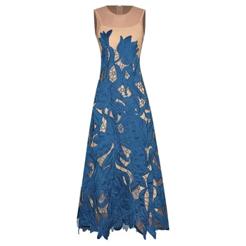 

Heavy Flower Embroidery Patchwork Mesh Women Dress Elegant Sexy Sleeveless A-Line Dresses M3910