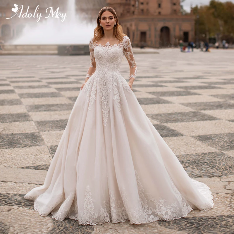 Adoly Mey Glamorous Appliques Full Sleeve A-Line Wedding Dress 2021 Luxury Scoop Neck Beading Court Train Princess Gown | Свадьбы и