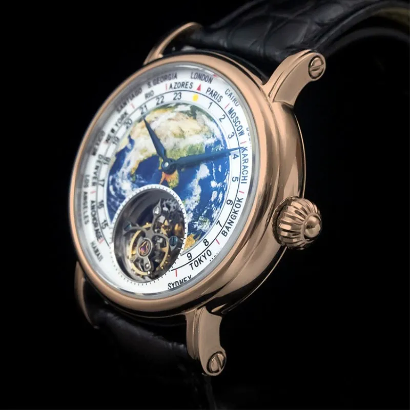 Top Brand Luxury Men Tourbillon Watches Male Sapphire Clock 3D Earth Enamel Dial ST8000 Mens Mechanical Watch Crocodile Leather