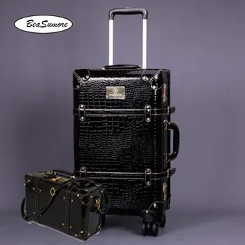 

BeaSumore Retro PU Leather Rolling Luggage Sets Spinner Women Black Crocodile Password Suitcase Wheels 20 inch Cabin Trolley
