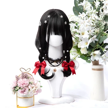 

Kawaii Sweety Lolita Girl's wig Cosplay Costume Japanese Harajuku Long Nature Black Big Wave Curly Synthetic Hair + free cap
