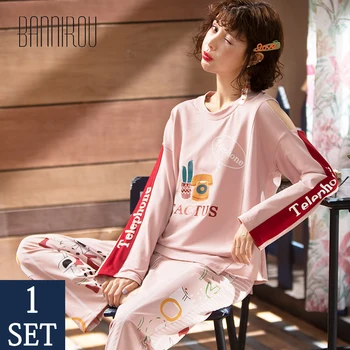 

BANNIROU 100% Cotton Pajamas Set Autumn Winter Women's Soft Sleepwear Suits Female Pajamas Home Cute Comfortable Clothes 2020