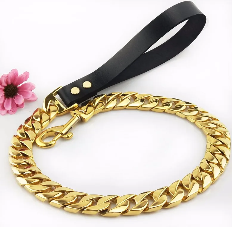 Dog Leash Pet Collar Lead  Stainless Steel Super Strong Gold Collar Chain Customized 32mm Bulldog Pitbull Large Dog Collar Leash