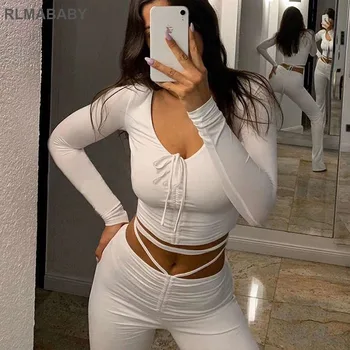 

Autumn V Neck Cropped Tshirts And High Waist Pant 2 Piece Set Women Long Sleeve Bandage Outfits Set High Elastic Ruched Sexy Set
