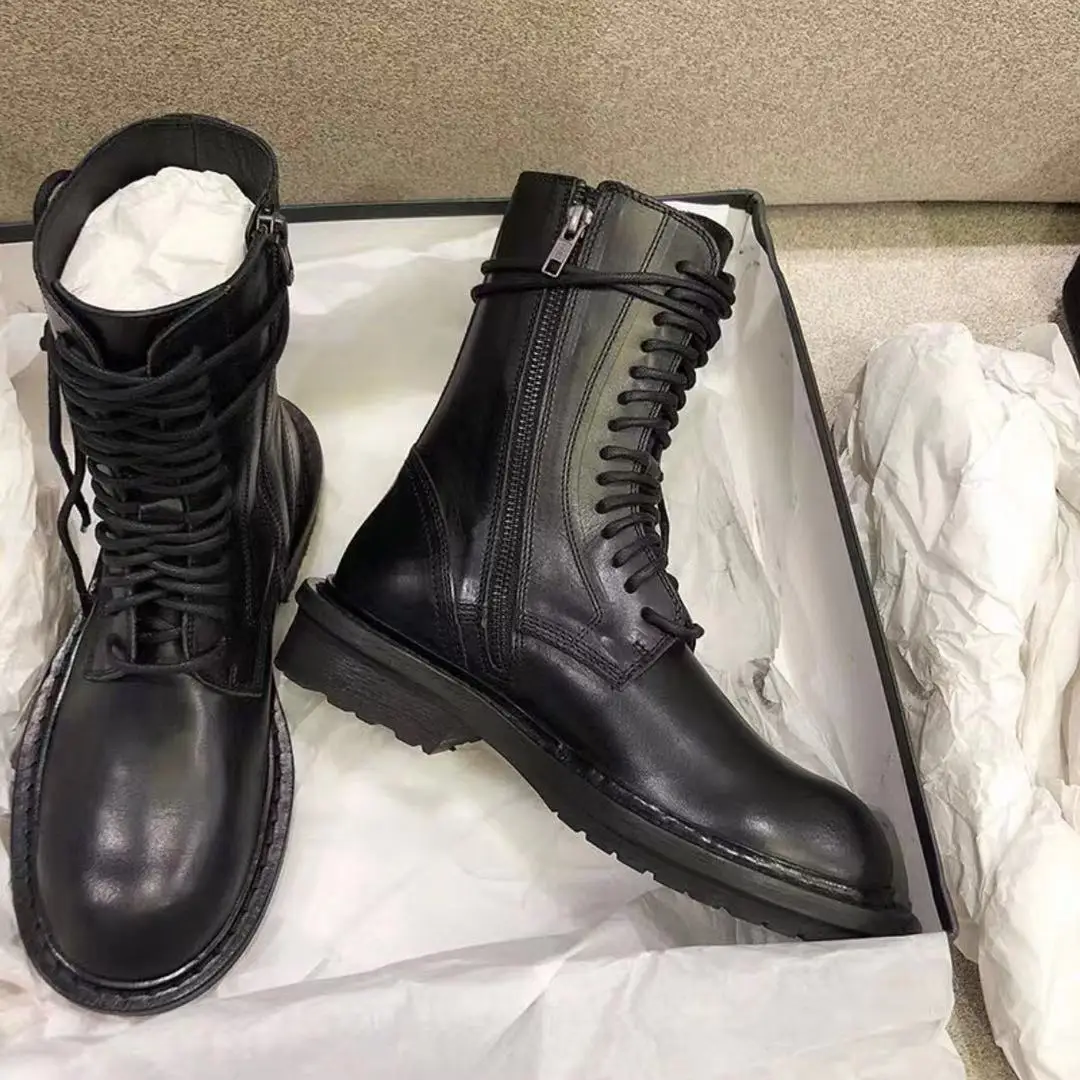 

Martin Boots WOMEN'S Boots British Style Retro Hight-top Thick Bottomed Tube Side Zipper Handsome Motorcycle Boots Genuine Leath