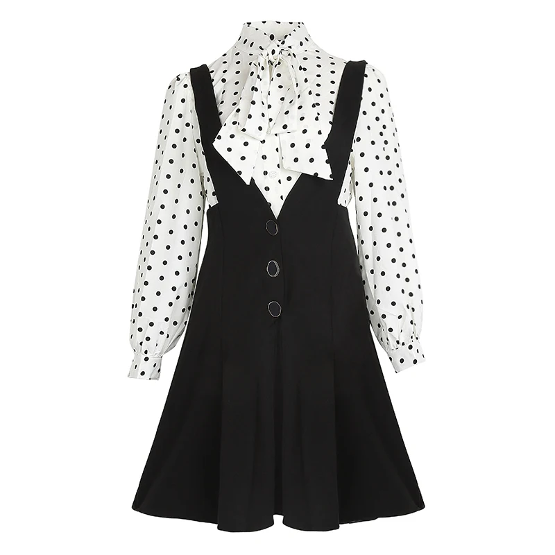 

PERHAPS U women set tow pieces black sleeveless button strap skirt bow collar long sleeve polka dot top T0229