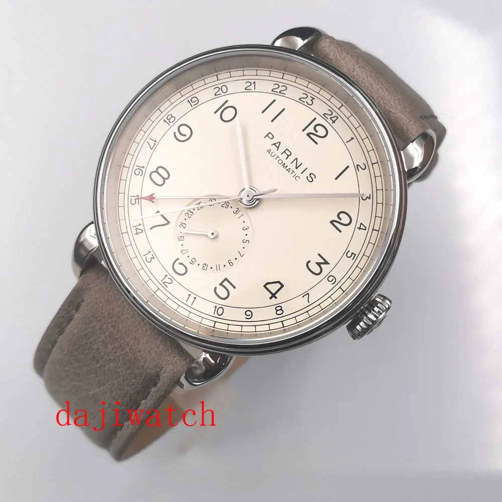 Мужские автоматические механические часы Parnis 42 мм GMT с серебристым ремешком