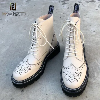 

Prova Perfetto Genuine leather Boots Women Hollow Out Flowers Brogues Platformed Street Marteens Boots Women Biker Botas Mujer