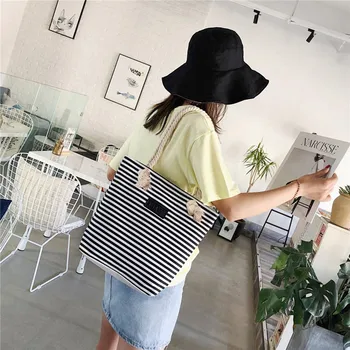 

25# Women Stripe Bag Fashion Handbag Canvas Bag Shoulder Bag Casual Tote Bag Tide Shoulder Messenger Bag сумка женская