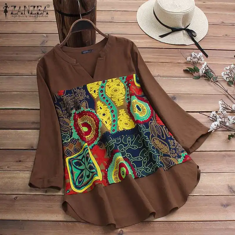 Kaftan, хлопковые топы, женская блузка с принтом,, ZANZEA, повседневные рубашки с длинным рукавом, женские блузы с круглым вырезом, Лоскутная сорочка размера плюс