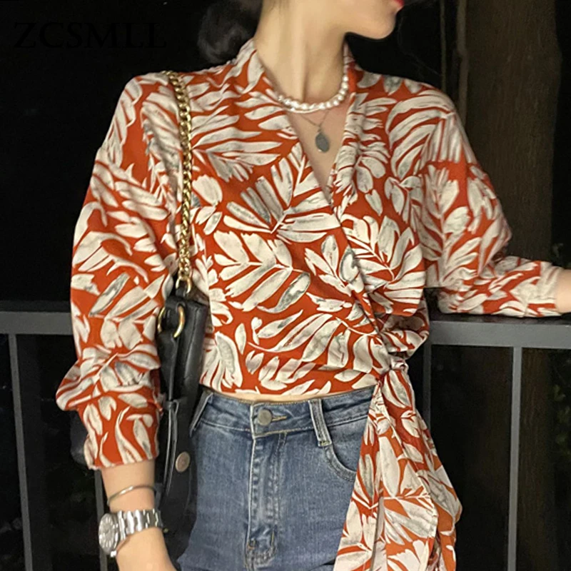 

ZCSMLL женская блузка с V-образным вырезом и принтом на весь экран, крученая Блузка с поясом, короткая рубашка с длинным рукавом, корейский топ
