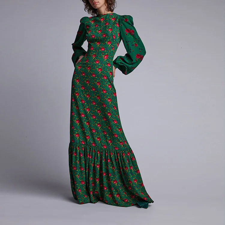 Женское платье с цветочным принтом зеленое макси длинным рукавом винтажное
