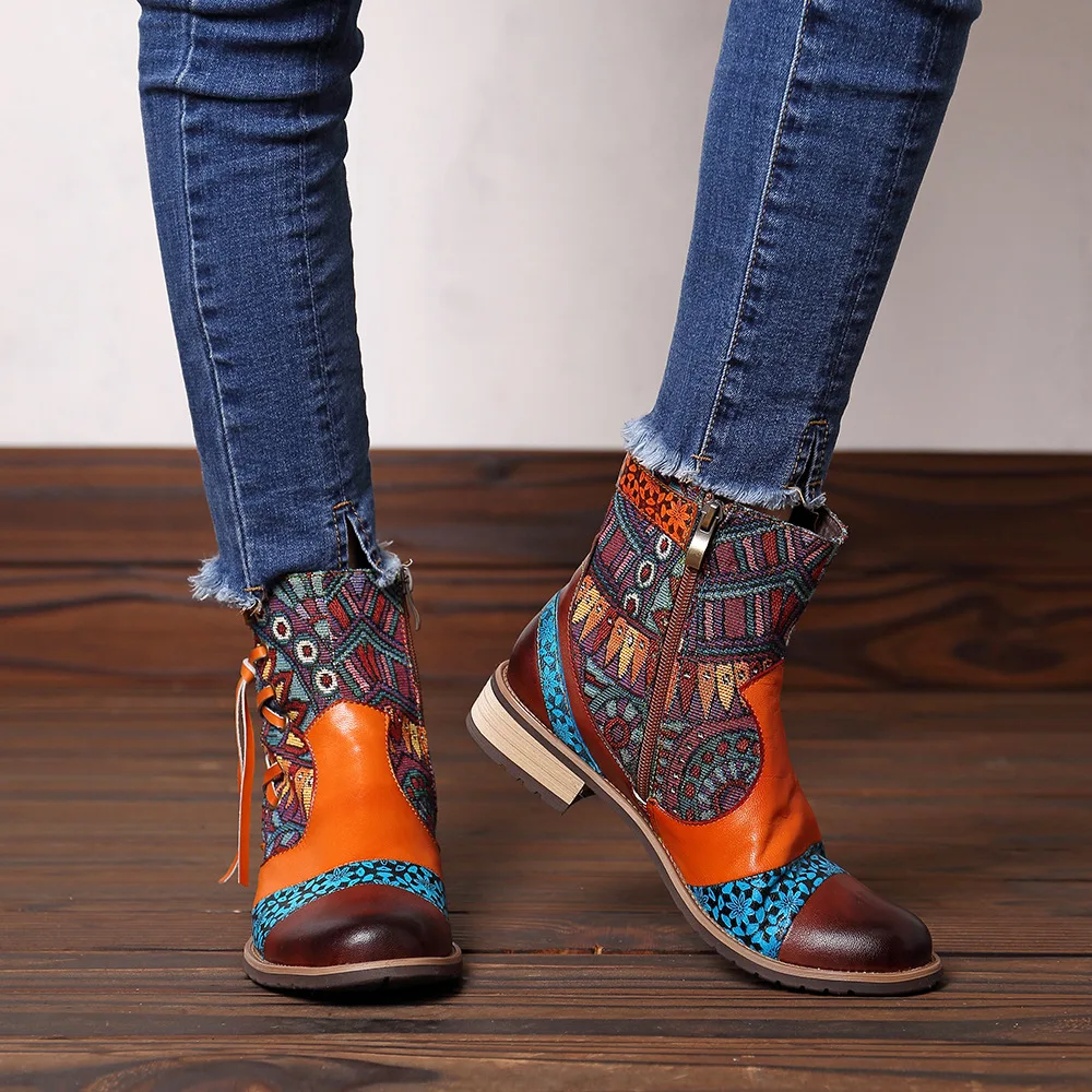 Gykaeo European and American Style Printing Genuine Leather Women Boots Ladies Fashion Plus Size Warm Shoes Botas Mujer Invierno