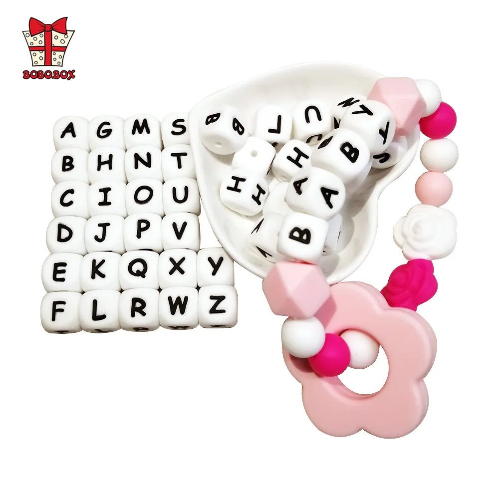 joepada 10pcs 12mm silicone teething beads baby teething toys chewable pacifier clips beads food grade silicone beads bpa free BOBO.BOX 10Pcs Letter Silicone Alphabet 12mm Food Grade Chewing Beads for Baby Teething Necklace BPA Free Silicone Letter Beads