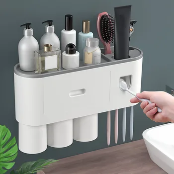 

Toothbrush Holder Wall-Mounted Automatic Toothpaste Dispenser Squeezer Set Cups Cosmetics Organizer Drawer