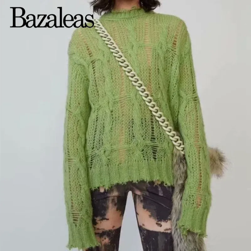 Bazaleas Зеленый выдалбливают Пуловеры женские свитера с круглым вырезом свободный женский свитер винтажный длинный рукав вязаный Прямая