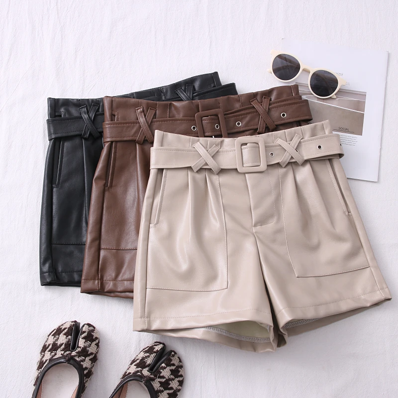 leather shorts 2021 Women's New Autumn Winter Sexy PU Leather Shorts  All-match Sashes Wide Leg Short Ladies Leather Shorts Female Casual khaki shorts