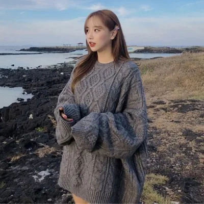Grey Новинка, осенне-зимние женские пуловеры, свитер большого размера, вязанный свободный элегантный повседневный однотонный минималистичный Топ - Цвет: Grey