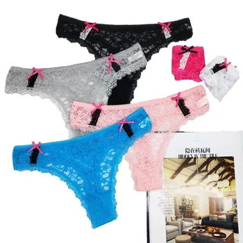 

6 pcs/set Fashion Panties Women Lingerie Thong Lace Foral with Bows Thongs Women Sexy Transparent Underwear pants