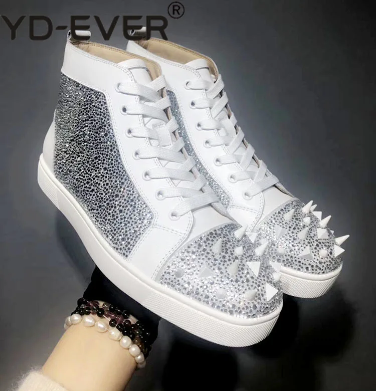 Босоножки на высоком каблуке Blingbling, блестящие, хрустальные стразы с шипами и заклепками декор с высоким берцем Мужская обувь Черный Звездное с красной подошвой стильный Обувь для пары