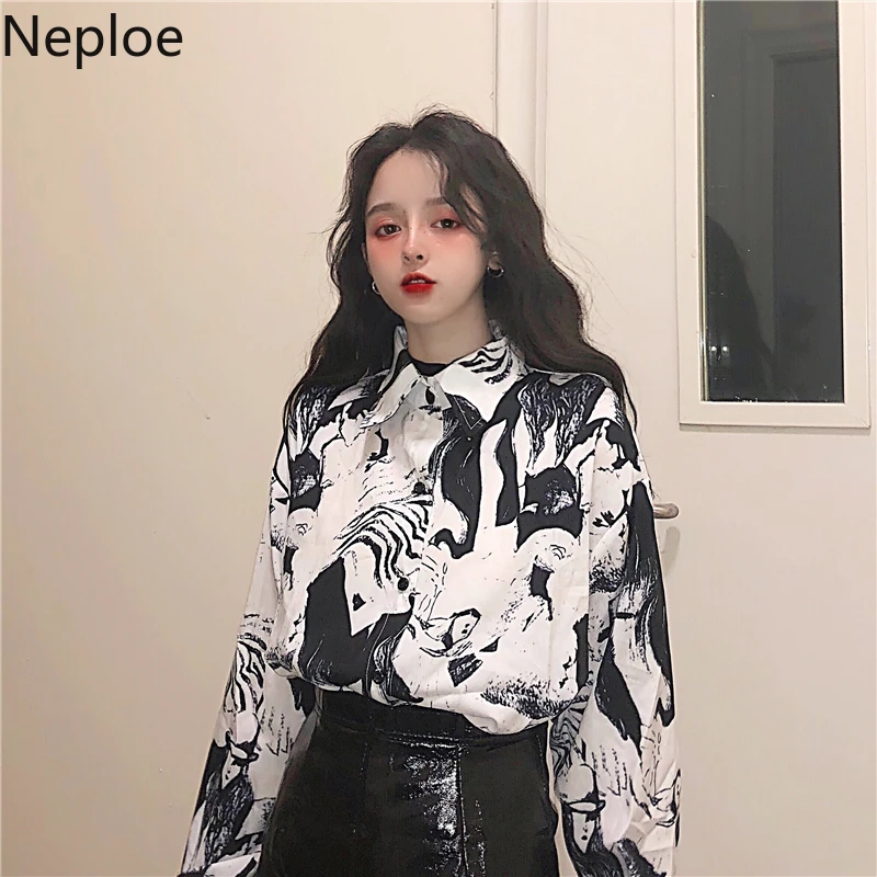 Neploe, ретро принт, Ins Blusas, осень-весна, новинка, отложной воротник, длинный рукав, блузка, прямая, свободная, одна грудь, рубашка t48041