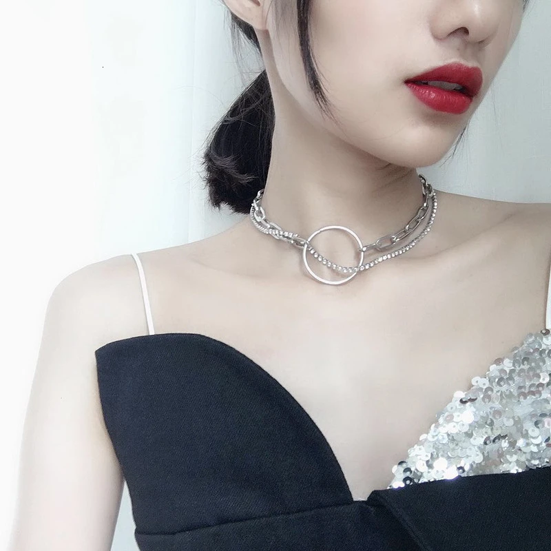 

korea style women Simple Temperament Chic Choker Double Layers Circle Thick Chain Necklace New Trendy Jewelry Statement Collares