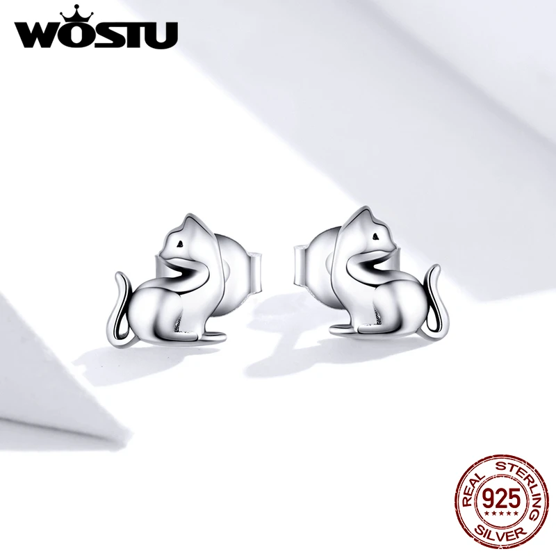 WOSTU 100% Стерлинговое Серебро 925 пробы Симпатичная кошка серьги гвоздики для женщин