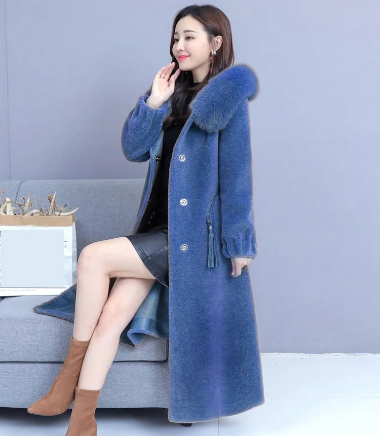Royal blue UHYTGF 4XL плюс размер куртка женская качественная овечья стриженая зимние меховые пальто с капюшоном теплая элегантная женская шуба bontjas dames 853 - Цвет: Royal blue