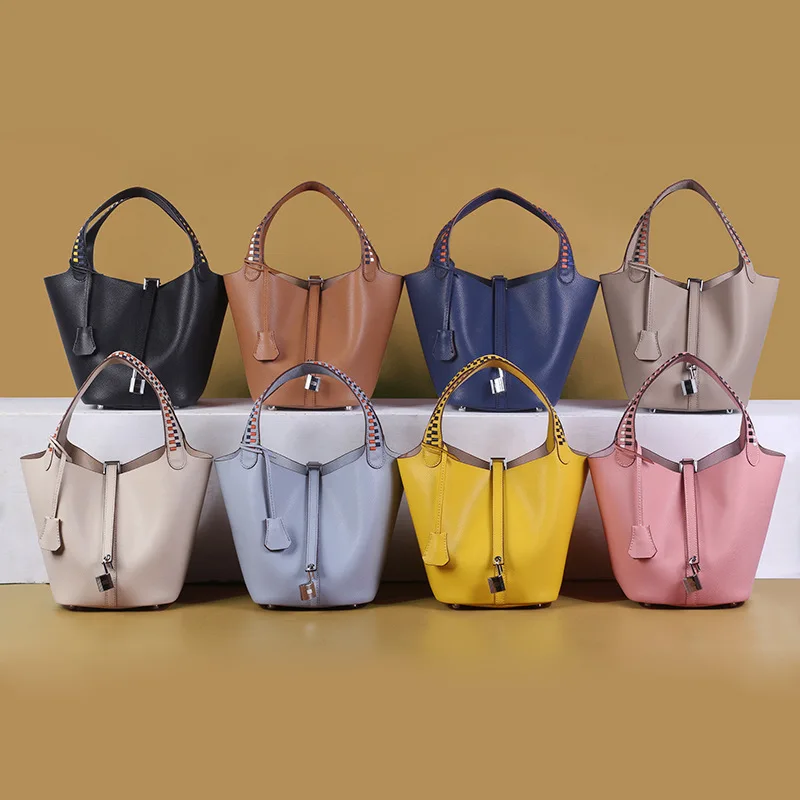 

Bucket Bag Genuine Leather 2019 New Style Wide-Strap Hand Palmprint Weaving Basket Cross-body Hand Different Size Bags Factory