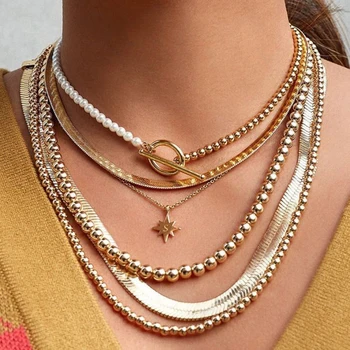 

Punk Imitation Pearl Choker Necklace for Women Fashion Gold Color Geometry Round Lasso Pendant Long Necklace Jewelry 2020 New