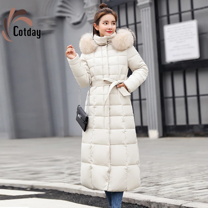 

Cotday Bow Cotton X-Long White With Hooded Fur A Line Thick 2020 Fashion Office Style Women Winter Warm Parka Coat