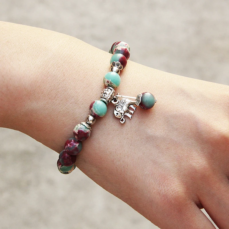 Bracciale Elasticizzato In Ametista Naturale Con Elefante - Gioiello Donne, Regolazione 17-23 Cm