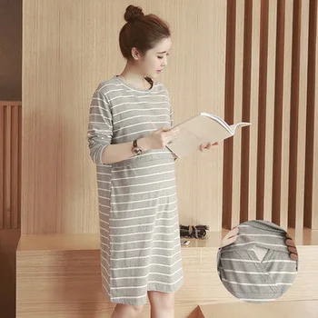

Explosion models maternity dress spring and autumn dress maternity dress round neck dress striped maternity breastfeeding dress