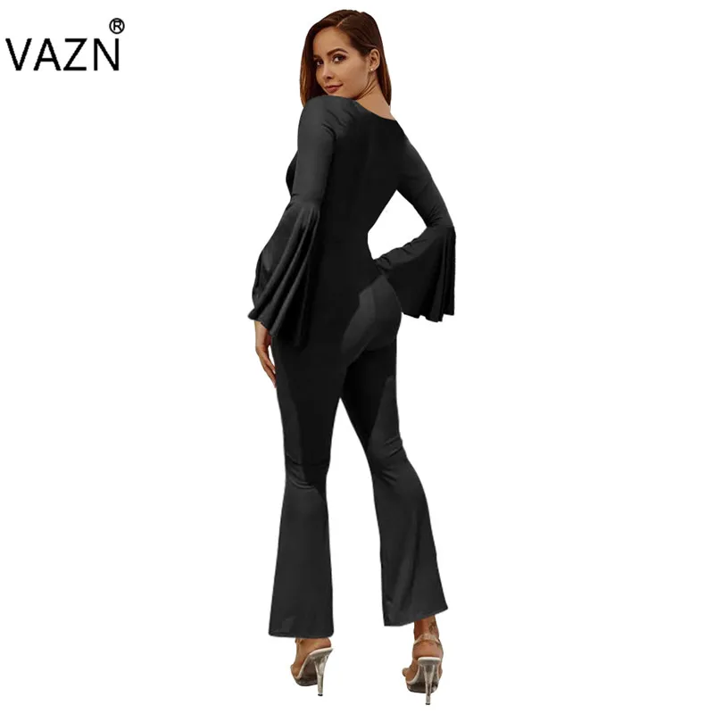 VAZN FM1125 Новые комбинезоны Yong Lady Of Note пикантные офисные модные однотонные с открытым глубоким v-образным вырезом и длинными рукавами женские тонкие ботинки комбинезон с вырезами