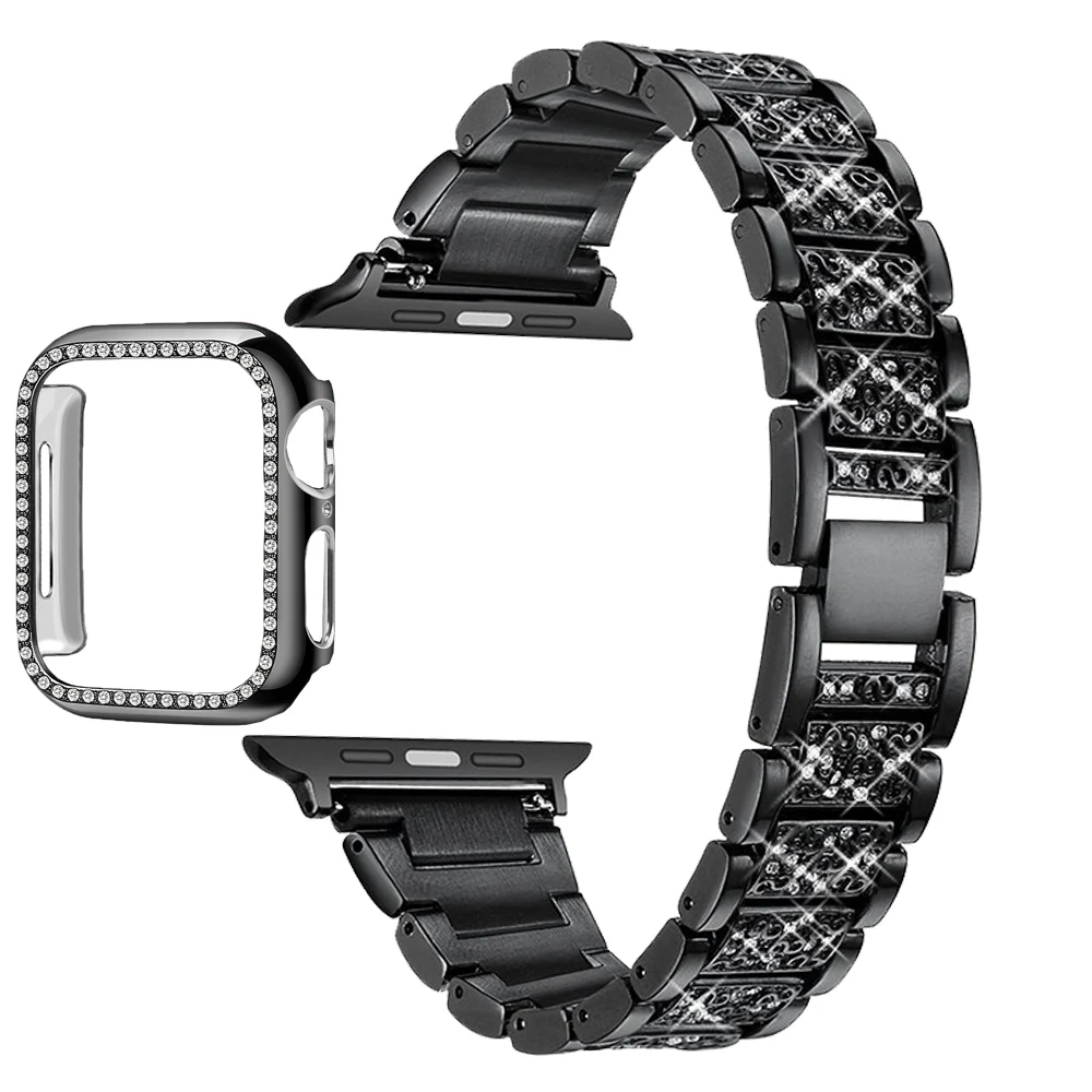 Алмазный ремешок + чехол для Apple Watch Band 6 5 4 3 2 из нержавеющей стали iWatch 44 мм 40 42 38