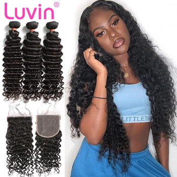 Luvin Deep Wave 28 30 40 inch 3 4 Bundles With 5x5 Lace Closure 13x4 Frontal Brazilian Human Hair Weave Curly Remy Water Wave 1
