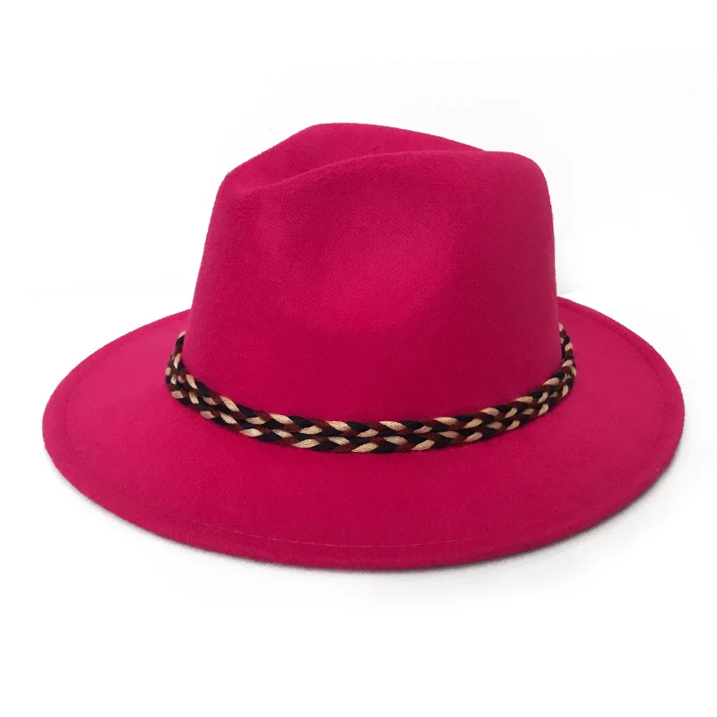 YY широкополый шерстяной войлок Джаз Fedora шляпы красочные веревки Панама мужские осенние Трилби женские Gambler церковные шляпы Боулер FD19012 - Цвет: Rose Felt Panama