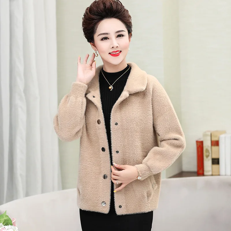 

Short Imitation Mink Velvet Jacket Women's Middle-aged WOMEN'S Apparels Autumn Clothing New Style Sweater Cardigan Mom Pocket Lo