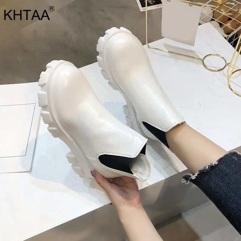 

KHTAA Autumn New Women's Ankle Boots Chelsea Boots Woman Platform Female Mid Thick Heels Fashion Ladies Classic Black Shoes
