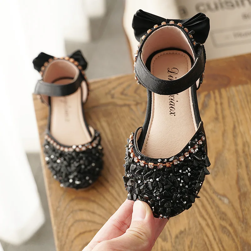 New Kids Leather Shoes Girls Wedding Shoes Children Princess Sandals Sequins Bow Girls Casual Dance Flat Sandals E462 kids shoes children sandals kids sandals