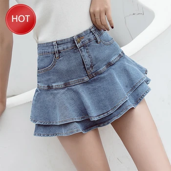 

High Waist Women Denim Skirt Korean 2020 Summer Vintage Ruffle Pockets Black/White/Blue Skirts For Female Saia Faldas New