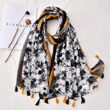 

lady Fashion Ink Painting Floral Tassel Viscose Shawl Lady High Quality Print Wrap Pashminas Stole Bufandas Muslim Hijab Snood