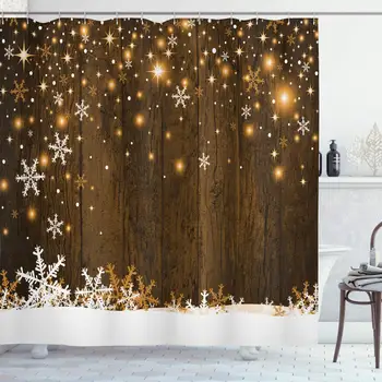 

Christmas Shower Curtain, Rustic Wooden Backdrop with Snowflakes and Warm Traditional Celebration Print, Cloth Fabric Bathroom